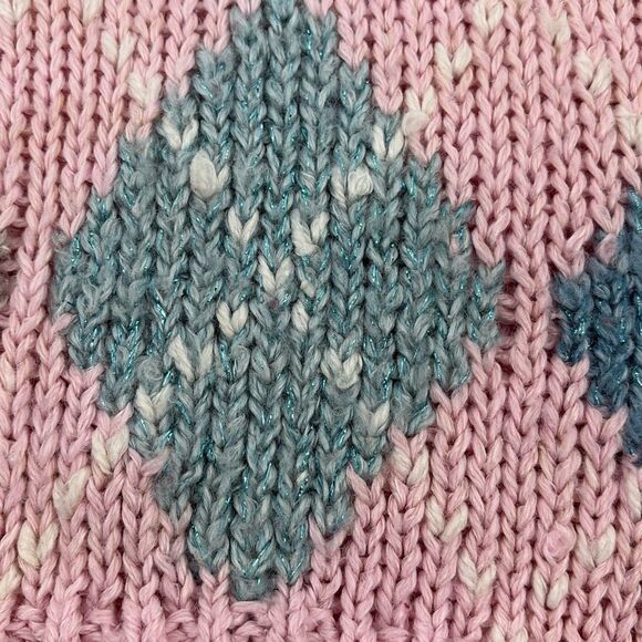 80’s Vintage hand-knit pastel pink argyle sweater-vest ramie metallic Large - Picture 7 of 12